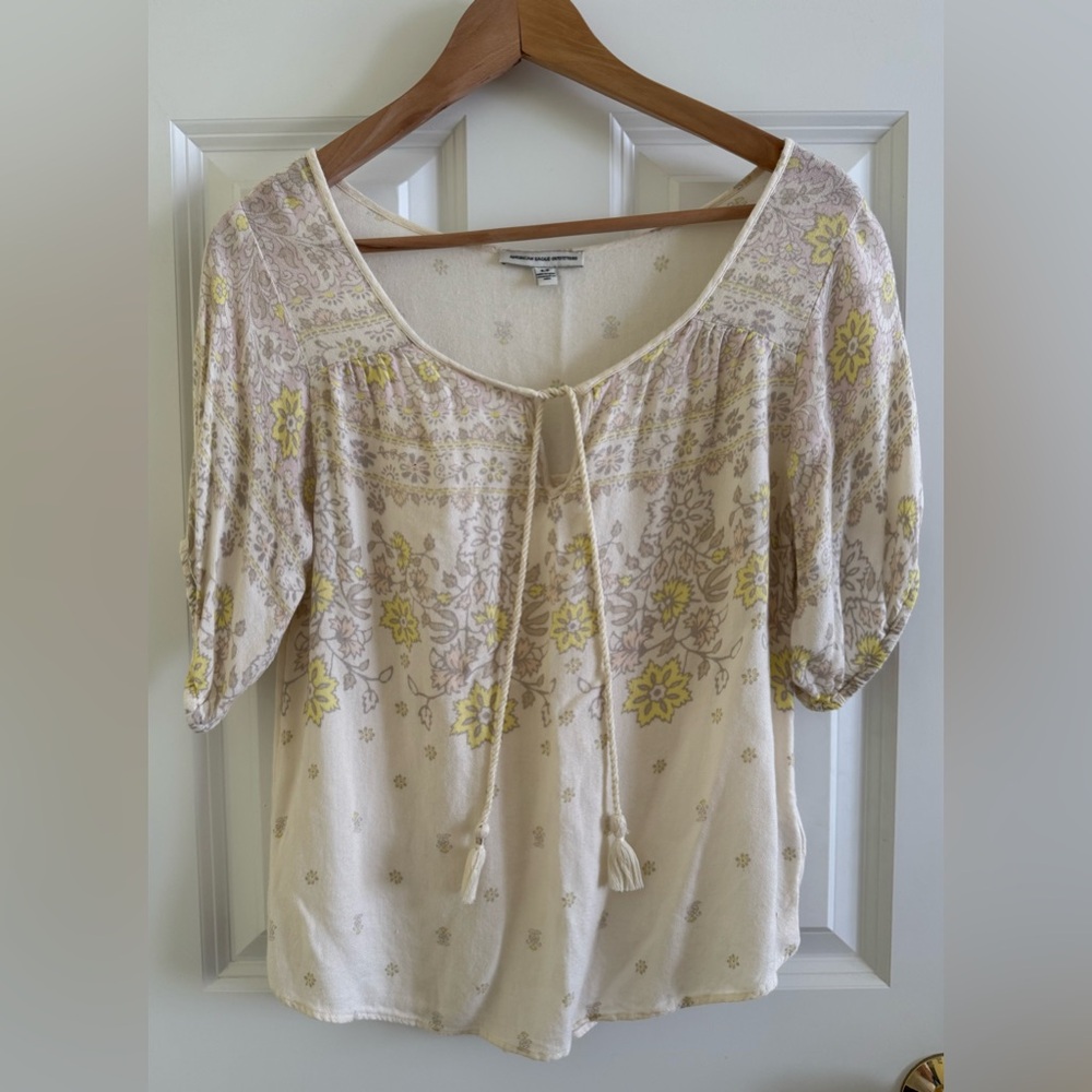 American Eagle Outfitters Cream Blouse with Yellow Floral Design